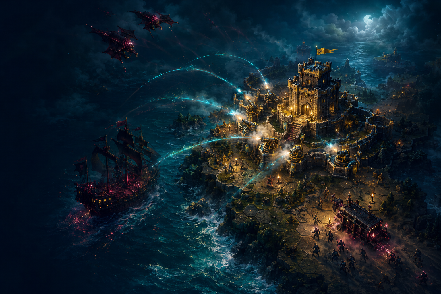 A lantern-lit island fortress fires a unified cannon volley at ships, siege engines, and airborne raiders